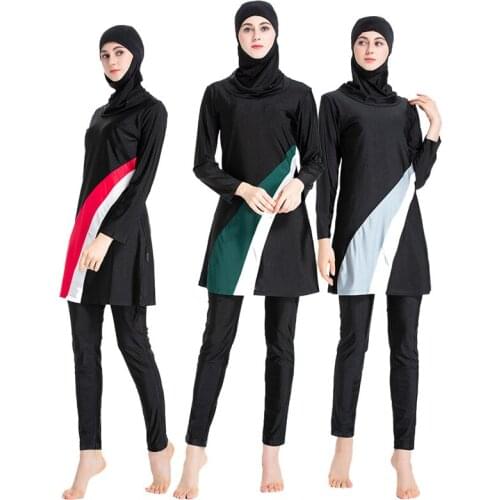 Hijab Swimsuit New Burkini Long Sleeve Muslimah Bathing Suit Women Islamic Habit Femme Burkinis Patchwork Color Muslim S-6XL