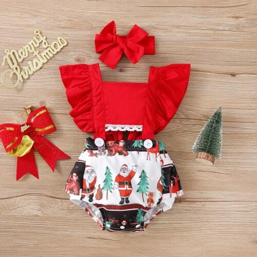 FOCUSNORM Christmas Lovely Baby Girls Boys 2pcs Romper 0-24M Santa Printed Ruffles Short Sleeve Backless Jumpsuits Headband