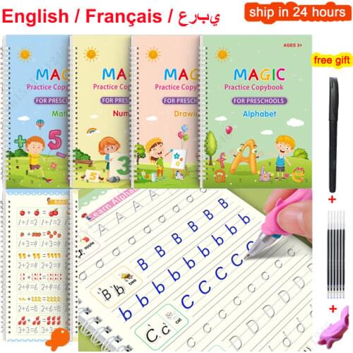 4 Books Magic Practice Book Reusable Free Wiping Childrens Toy Writing Sticker English Copybook For Calligraphy Montessori Toys