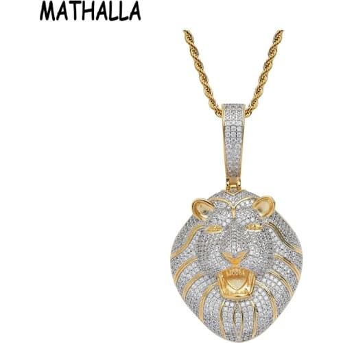 MATHALLA Hip Hop Lion Head Pendant Luxury 14K Real Gold Silver Plated Cubic Zirconia Brass Necklace Hip Hop Men’s Jewelry