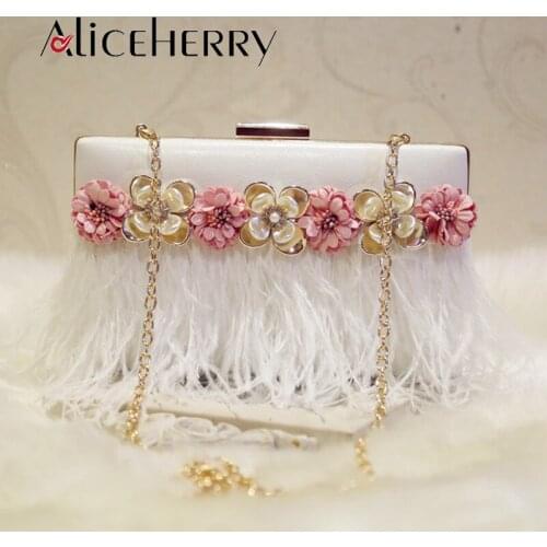 Fashion Evening Bag Handmade Flower Clutch Bag Feathers Luxury Handbag Banquet Party Purse Womens Chain Widding Shoulder bag