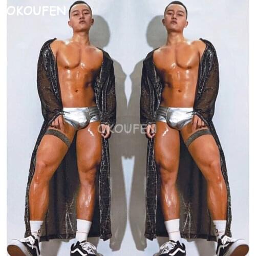 Bar night club ds mens performance clothing sexy perspective silver black long cloak party performance clothing
