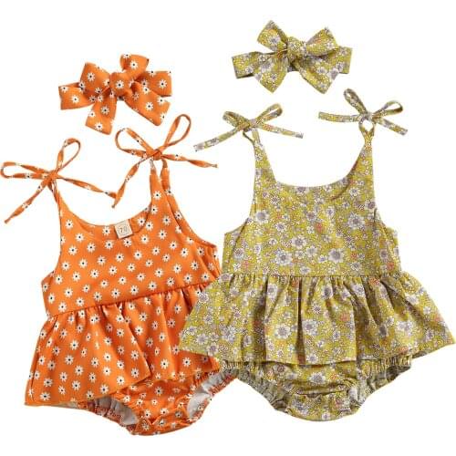 New Baby Girls Casual Suit Round Neck Floral Elastic Lace-up Sling Romper Dress Bow Headband