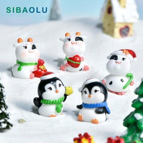 New Christmas Cow Deer Cat Dog Penguin Figurine Animal Model Diy Home Decor Miniature Fairy Garden Decoration Accessories Modern