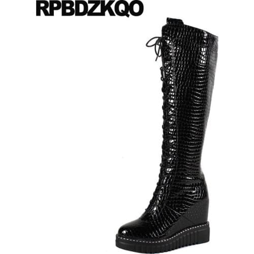 Shoes Snakeskin Wedge Black Winter High Heel Gothic Luxury Side Zip Boots Women Long Patent Leather Knee Platform Hidden Snake