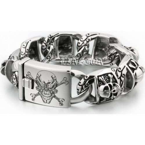316L Stainless Steel Huge Heavy Deep Laser Engraved Pirate Skull Mens Boys Biker Rock Punk Bracelet 5T102