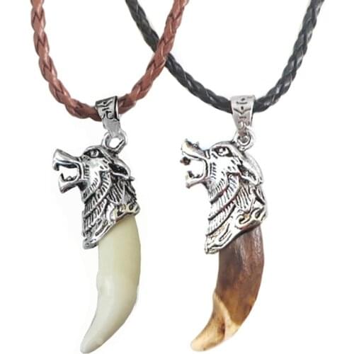 1Pc Fashion Men Necklace Tribal Stark Real Wolf Fang Tooth Necklace Wolf Head Amulet Pendant Necklace Jewelry
