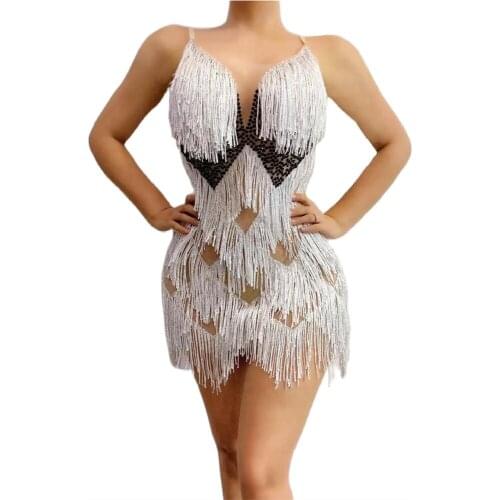 Sexy Mesh Rhinestones Tassel Women Birthday Celebrate Fringe Bodysuits Prom Party Outfit Singer Dancer Stage Wear Costume