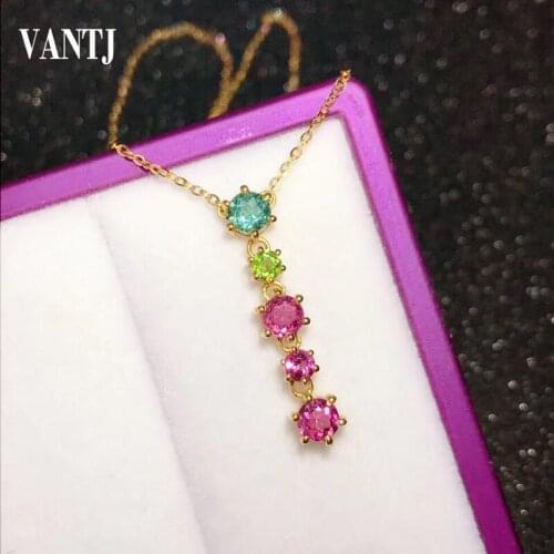 VANTJ Simple Natural Tourmaline Necklace Sterling 14k Gold Real 585 Elegant Pendant Fine Jewelry For Women Lady Gift Box