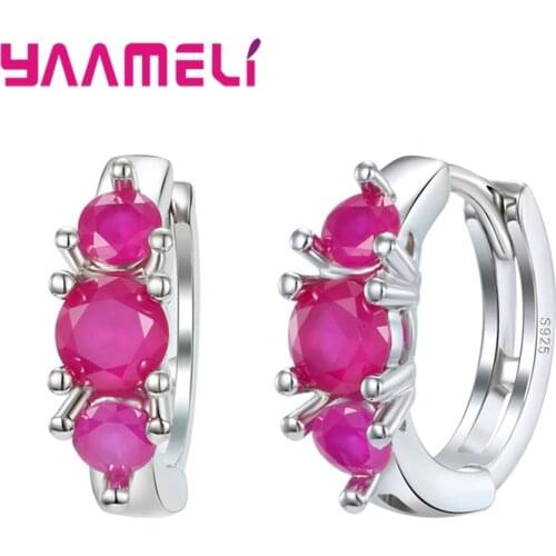 100% New Brand 925 Sterling Silver Fuchsia Cubic Zircon Earrings Korean Style Statement Hoop Earrings For Christmas Day/New Year