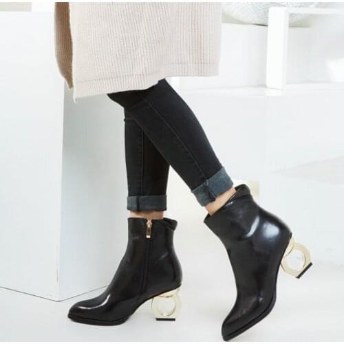 Autumn Winter Fashion Metal Street High-Heeled Women Boots Simulation Leather Side Zipper Lady Popular Models Motorcycle Boots