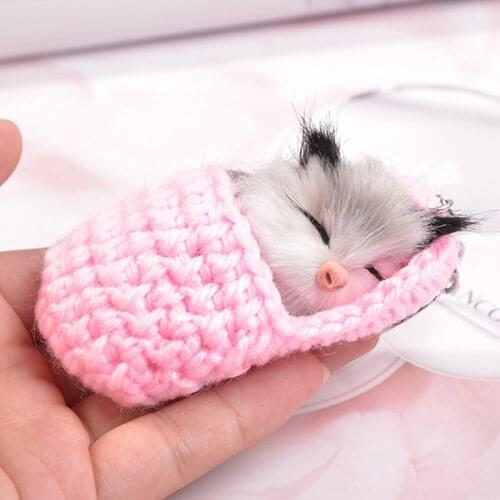 Cute Sleeping Cat Pompom Key chains Women Girls Handmade Woven Slipper Faux Fur Kitten key Rings Fluffy Bag Car Pendants Gift