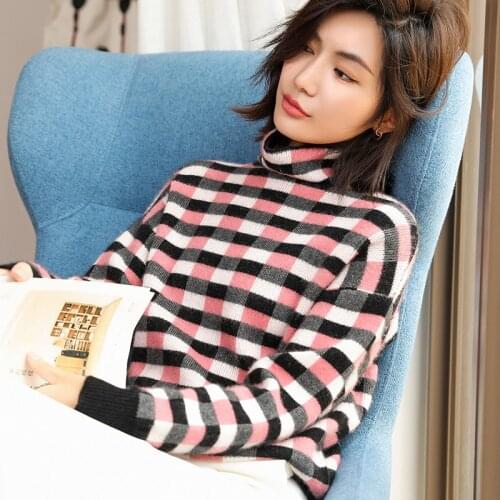 New Autumn And Winter Cashmere Sweater Womens High Collar Thick Plaid Style Sweater Loose Knit Sweater Wild Pullover