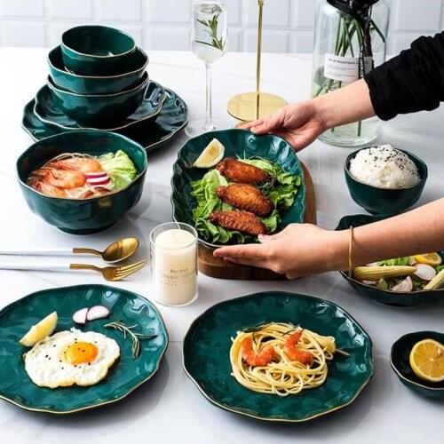 Gold Side Green Plate Tableware Bright Light Steak Dish Dessert Tray Rice Salad Noodles Bowl Dinner Plates Ceramic Dishes 1 PC
