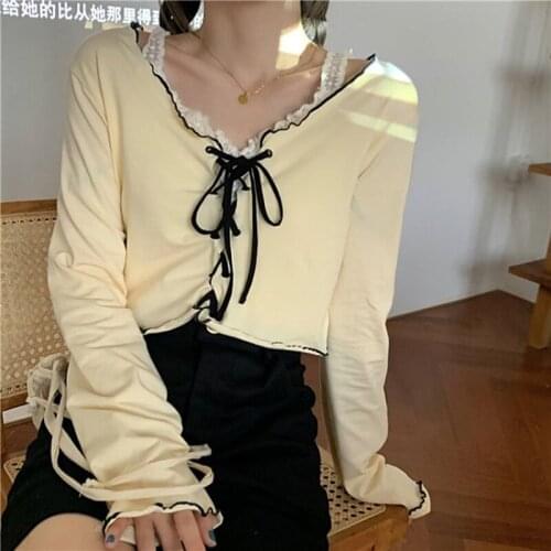Women New Autumn Long Sleeve Drawstring Blouse Shirts With Lace Tank 2 Pieces Casual Sexy Female Suits Vintage Lady Sets Tops