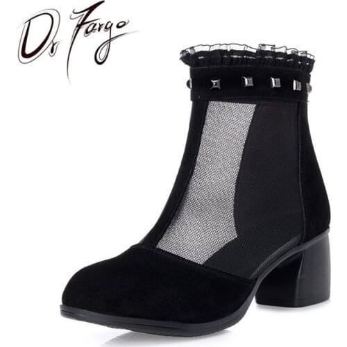 DRFARGO Summer Shoes Women Cow Suede Mesh Ankle Boots Back Zipper Boot Rivets Med Square High Heel size35-42 Femme Chaussure8812
