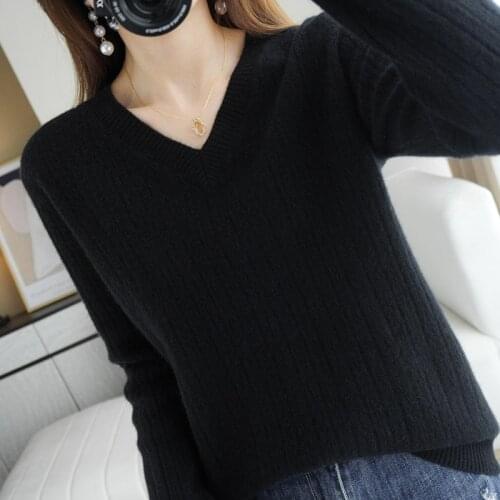 DY Women Sweater Knitted Female Long Sleeve V-neck Cashmere Sweater And Pullover Female Autumn Winter Slim Jumpers Casual