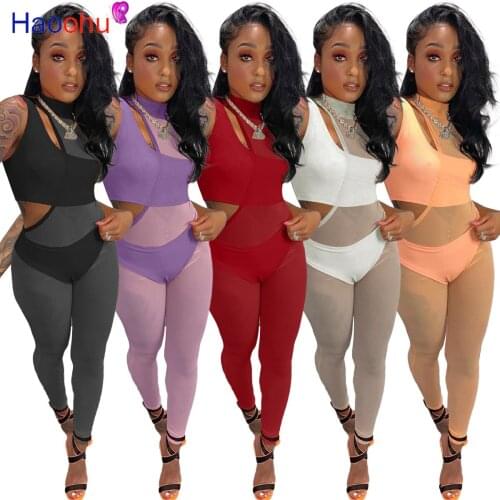 Sleeveless Wrap Chest+Brief And Mesh Jumpsuit Three Piece Sets Hollow Out Women Partywear Night Club Fashion Sexy Hot Outfits