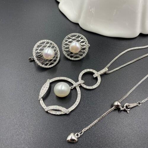Sinya Silver earring and pendant necklace jewelry set for women Mother high luster natural pearls Jewelry long chain necklace