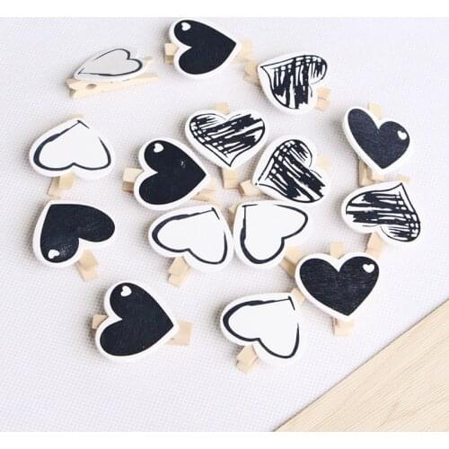 Heart 5pcs Black White Wooden Clothespin Clips Office Party Decoration Accessories Photo Hanging Pegs 30x4mm DIY