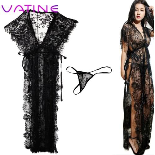 VATINE Long Dress Sleepwear Exotic Apparel Sexy lingerie Deep V-Neck Side Slit Black Lace Robe+T-Thongs Erotic Lingerie