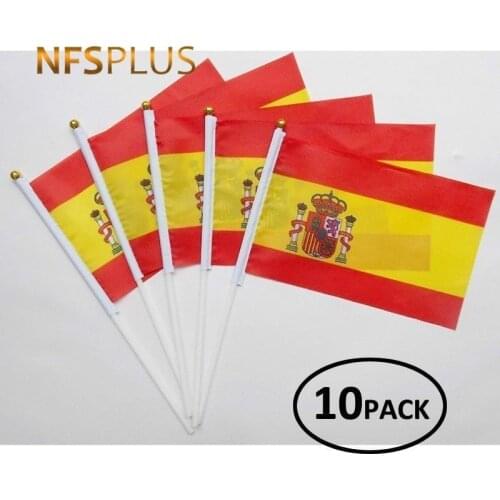 10PCS/LOT Spain Hand Flags 14x21cm Polyester Printed Flag with Flagpole Spanish Hand Waving Flags for Celebration Parade Sports