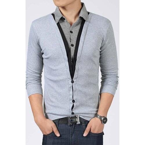 Spring Autumn Mens Shirt Collar Fake 2 Piece T-shirt Casual Slim Pullover Tshirt Mens Tees Long Sleeve Underwear T Shirt