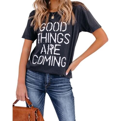 Summer Fashion Women GOOD THINGS ARE COMING Letter Print T-Shirts Patchwork Design O-Neck TShirt Short Sleeve Casual Loose Top