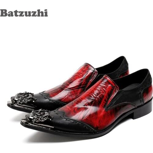 Italy Brand Men Dress Shoes Flat Men Metal Tip Dress Shoes Leather Slip On Men Red Wedding Party Shoes Plus Size US12-Batzuzhi