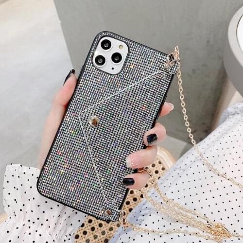Bling Grid Glitter Long Metal Chain Messenger Card Bag Purse Leather Case Cover For Iphone 11 Pro XS Max XR X 8 7 6 6S Plus