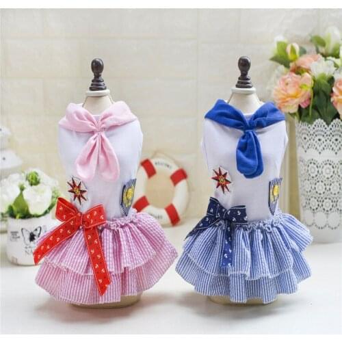 Cute Small Dog Dress Cotton Sailor Uniform Style Pet Dresses Fashion T-shirt Cat Clothes Costume For Teddy Chihuahua Dogs(XS-XL)