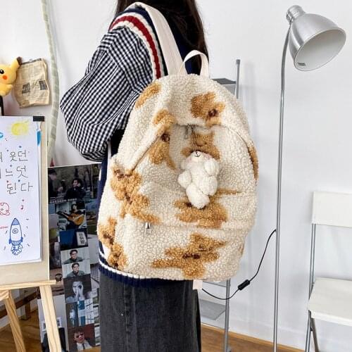Japanese Lovely Plush Backpack Women Cartoon Bear Print Soft Backpacks New School Bags For Teenage Girls Mochila Feminina Travel