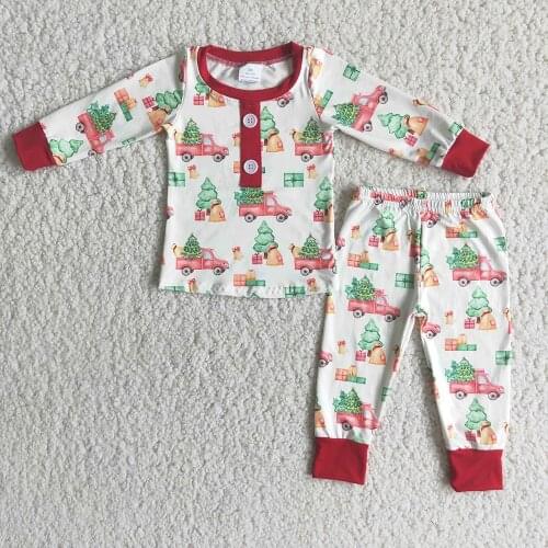 Fashion Kids O-Neck Design Long Sleeve Pajamas Set Boy And Girls Christmas Tree Print Outfit With Button