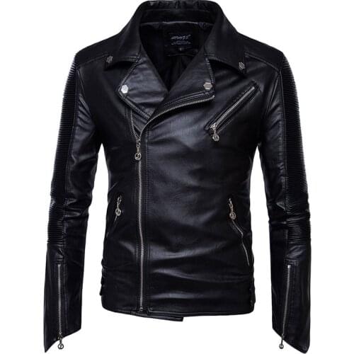 Mcikkny Men Fashion Leather Biker Jackets Zipper Pockets Motorcycle Outwear Tops For Male Black