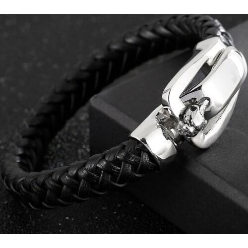 Braided Genuine Leather Wolf Head Bracelet Mens On Hand Bands S.Steel Jewellery Accessories For Men Mannen Armband Dropshipping