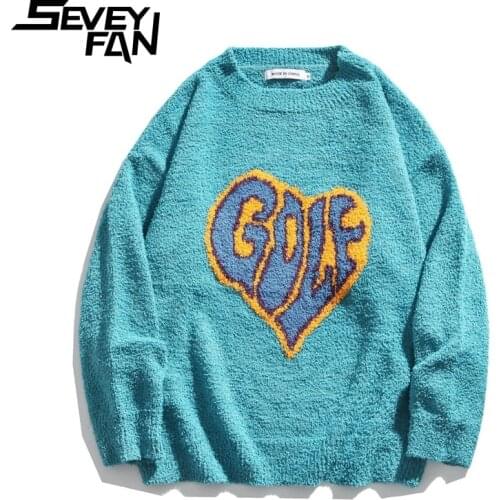 SEVEYFAN Mens Fashion Love Pattern Sweaters Letters Oversize Knitwear Couples Casual Cotton Pullover