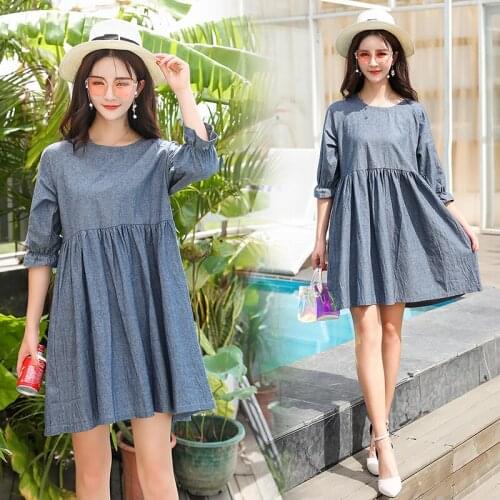 Half Lantern Sleeve O-neck Summer Maternity Loose Denim Maternity Dress Fashion Pregnant Women Empire Cotton Dress Wholesale