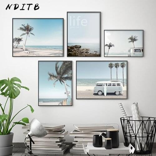 Travel Poster Tropic Hawaii Beach Bus Surfboard Palm Landscape Painting Canvas Painting Wall Art Picture Modern Home Decoration