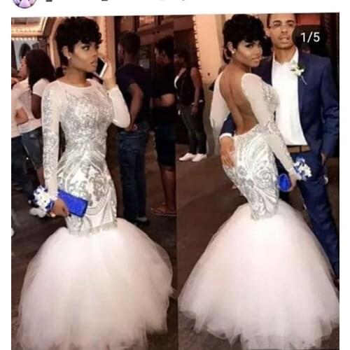 Sexy Backless Mermaid Prom Dresses Long Sleeve White African Evening Party Dress Tulle Train Lace Cheap Formal Dress