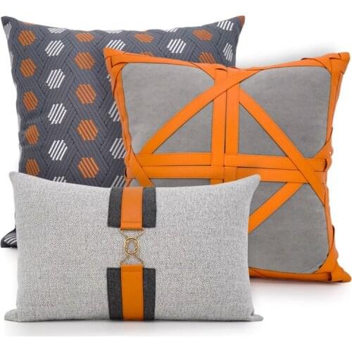 Light luxury orange grey cushion cover cotton linen pillowcase waist pillow case
