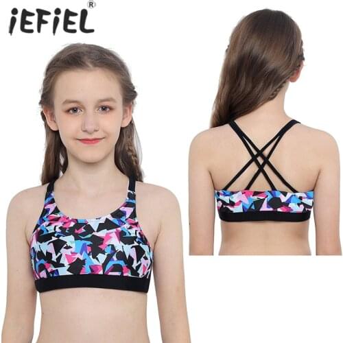 Girls Tanks Tops U Neck Print Crop Top Dance Stage Performance Gym Workout Yoga Exercise Sleeveless Kids Sports Tops for Girls