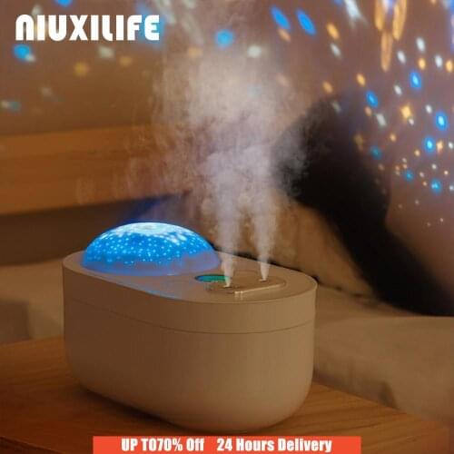 NIUXILIFE 1L Projection Night Light Air Humidifier Dual Nozzle Rechargeable Battery Ultrasonic Aroma Diffuser Mist Maker Fogger