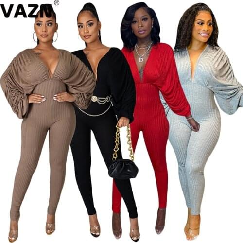 VAZN 2020 Top Quality Knit Jumpsuits Young Sexy Club Elegant Solid Deep V-Neck Full Sleeve Women High Waist Skinny Jumpsuits