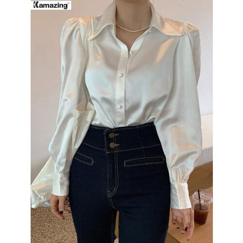 Spring Autumn Women Fashion Long Sleeves Satin Blouse Vintage Femme Street Shirts Elegant Imitation Silk Blouse