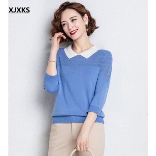 XJXKS Fashion lapel three-quarter sleeve sweater women pullover 2021 autumn new high-quality women wool knitted sweater