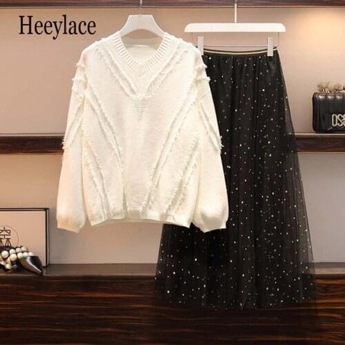 Plus Size Women Elegant Two Pieces Set Autumn Winter Long Sleeve Knitted Sweater Top And Sequined Mesh Long Skirts Suits 4XL