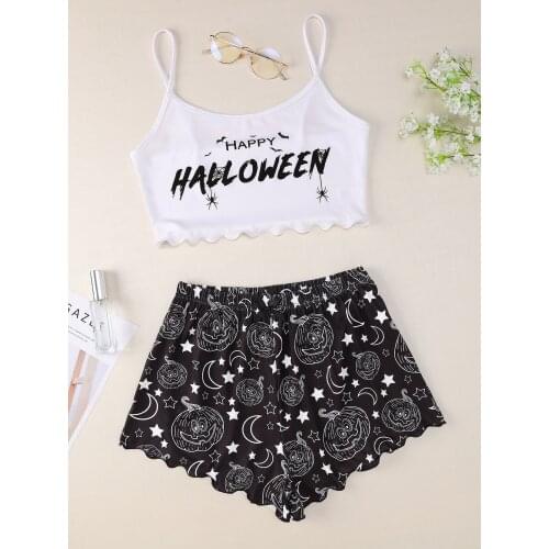Womens Sleeveless Vest Elastic Waist Short Pants Pajama Set Happy Halloween Print Camisole With Shorts Sleepwear Home Wear