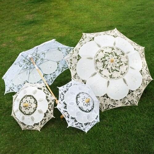 Long Handle Large 1Pcs Parasol Umbrella White/Beige Wooden Wedding Parasol Decoration Lace Embroidery Pattern Manual Silk Women