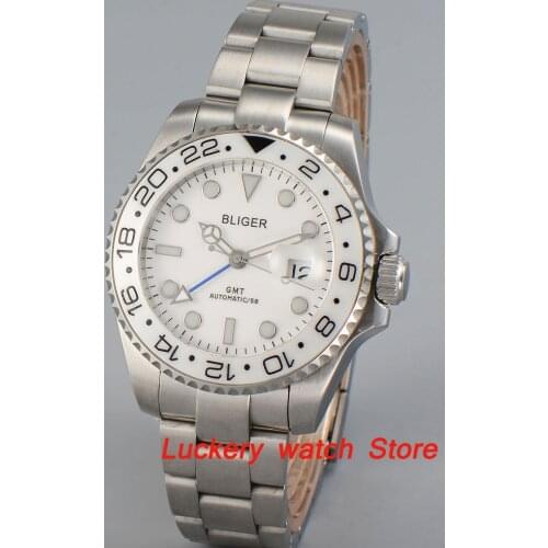 Bliger 40mm white dial luminous saphire glass;white Ceramic Bezel GMT Automatic movement mens watch-BA09