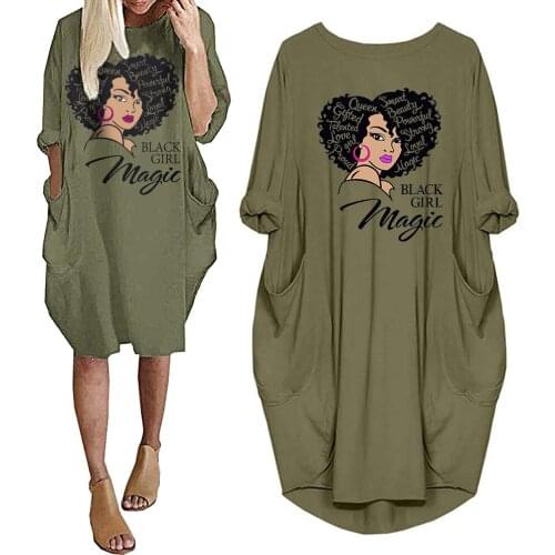 Black Girl Magic - Melanin Afro Queen Long Sleeve Black Girl Pride Gift Loose Pocket Oversize Tunic Dress